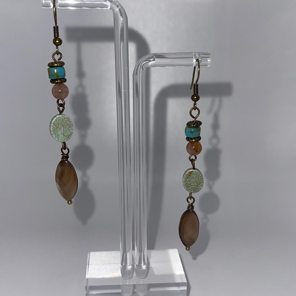 Turquoise and mocha colors Boho style drop earrings 3” Length Handcrafted in USA